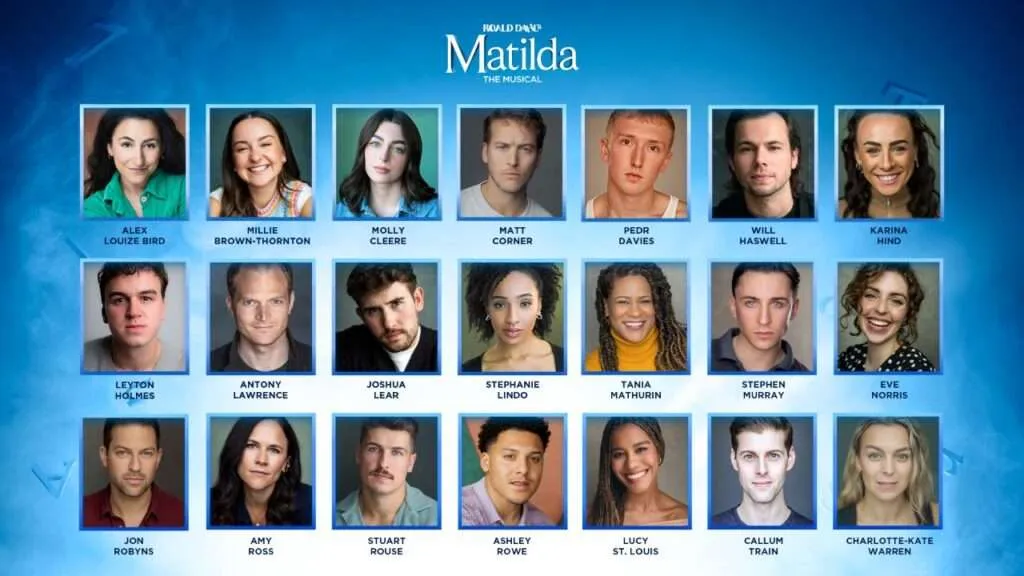 Grid of headshots showing the Matilda the Musical cast lineup with names beneath each portrait (25 actors).