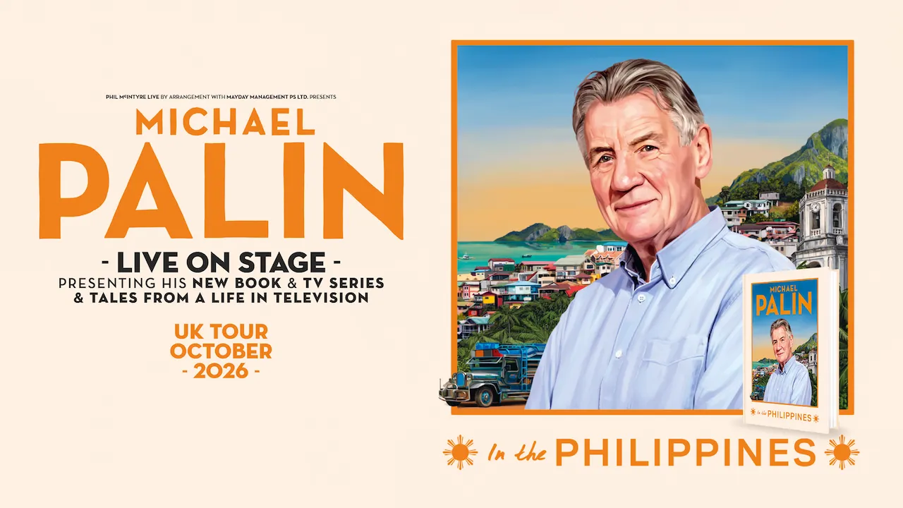Promotional poster for Michael Palin's tour in the Philippines, featuring a portrait and seaside town illustration with orange typography.
