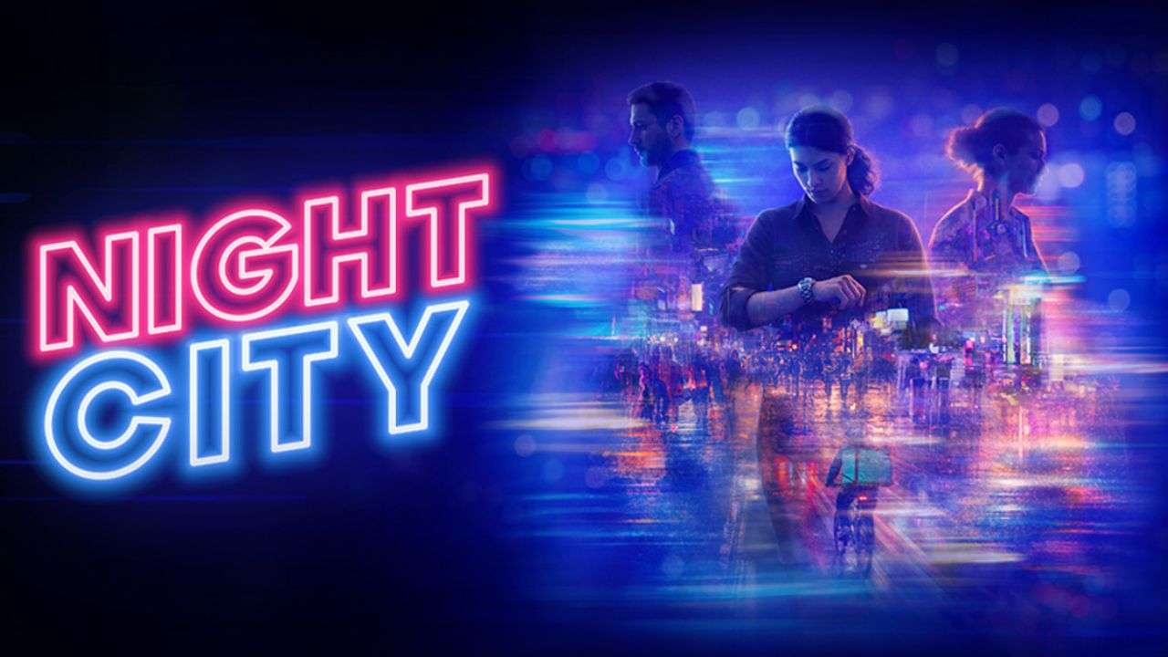 Neon pink-and-blue sign says 'NIGHT CITY' beside a blurred futuristic cityscape with three people in the background.
