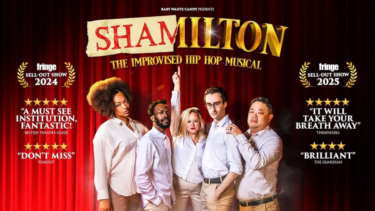 Poster for 'Shamilton: The Improvised Hip Hop Musical' featuring a diverse group of six people in front of red stage curtains with gold lettering and quotes on both sides