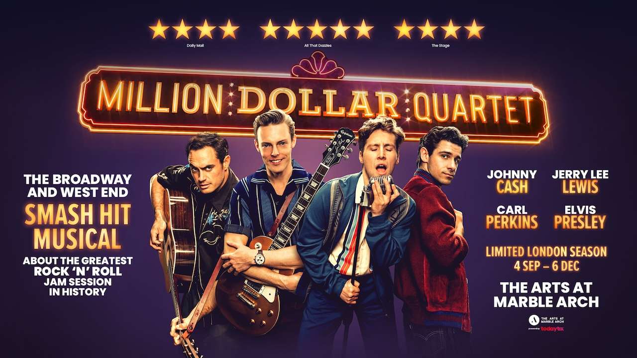 Promotional poster for the Broadway musical Million Dollar Quartet with four musicians and a neon marquee title.