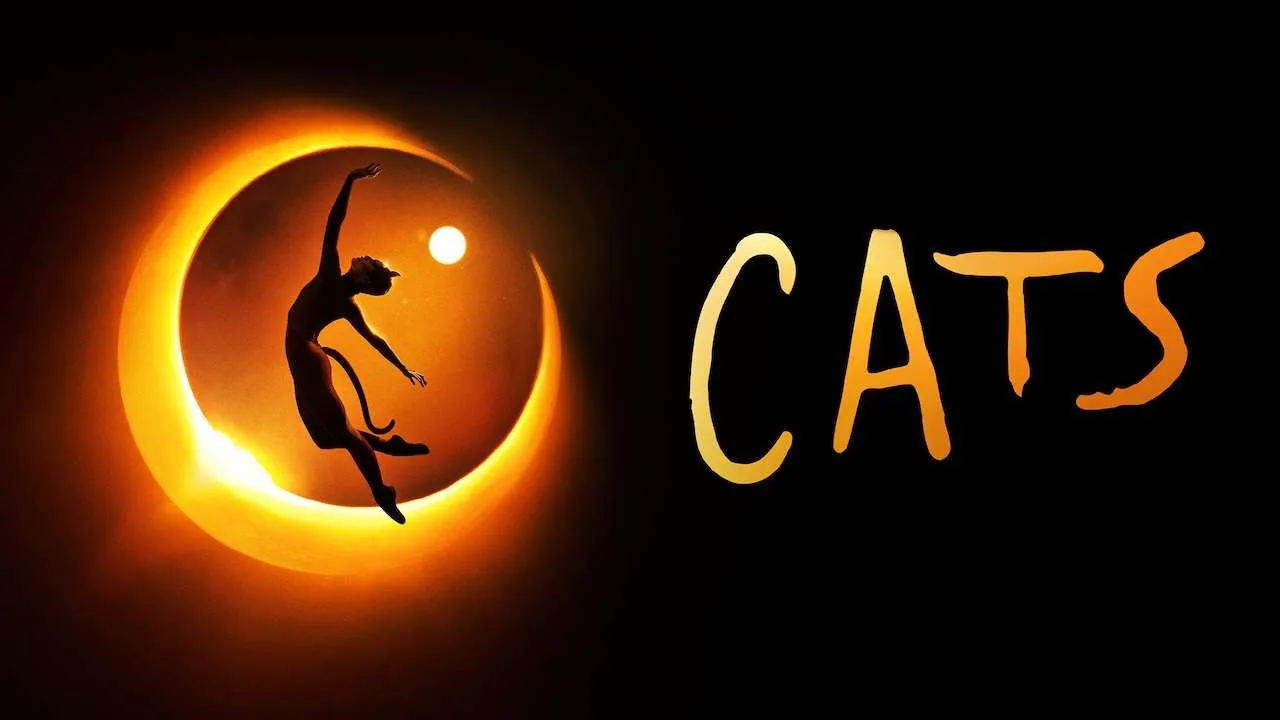 Silhouette of a dancer leaping inside an orange glowing crescent, with 'CATS' in gold on a black background.