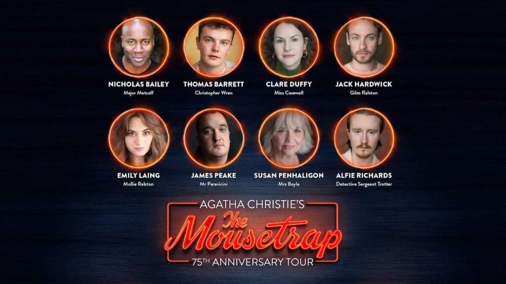 Poster for Agatha Christie’s The Mousetrap 75th Anniversary Tour, eight cast headshots in orange rings with names, title at bottom.