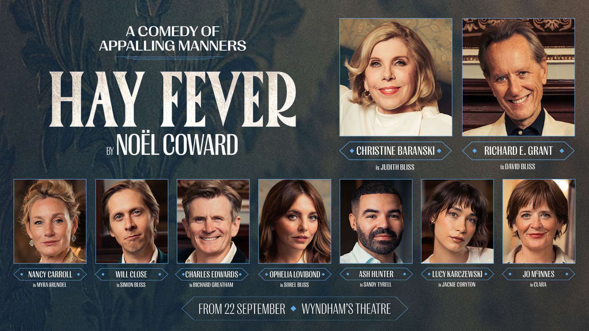 Promotional poster for Hay Fever by Noël Coward, featuring headshots of the cast on a vintage poster backdrop.