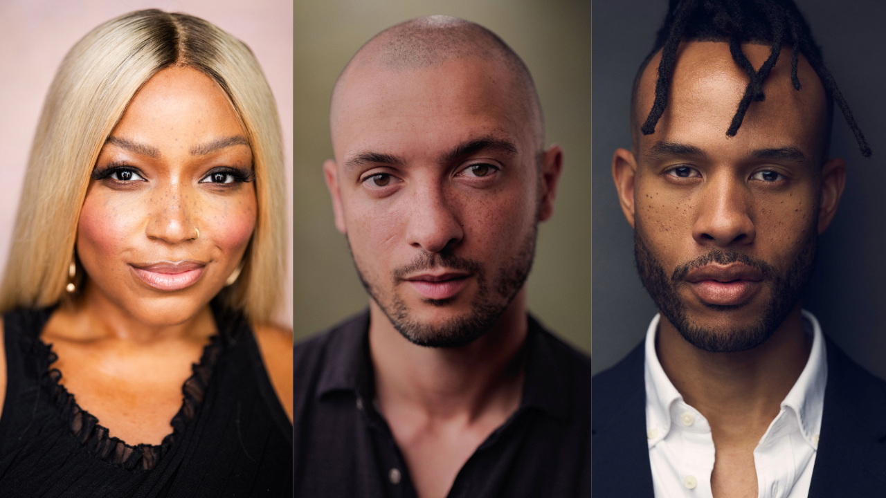 Triptych of three headshots: woman with blonde hair left, bald man center, man with dreadlocks right.