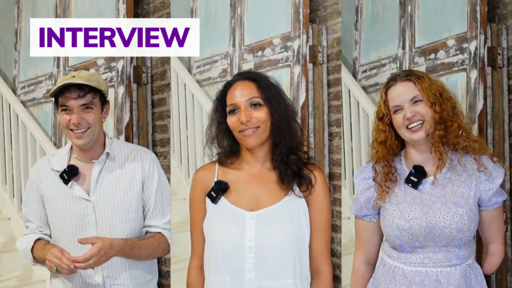 Triptych scene of three interview guests standing in front of rustic doors, wearing clip-on mics; 'INTERVIEW' banner appears top left.