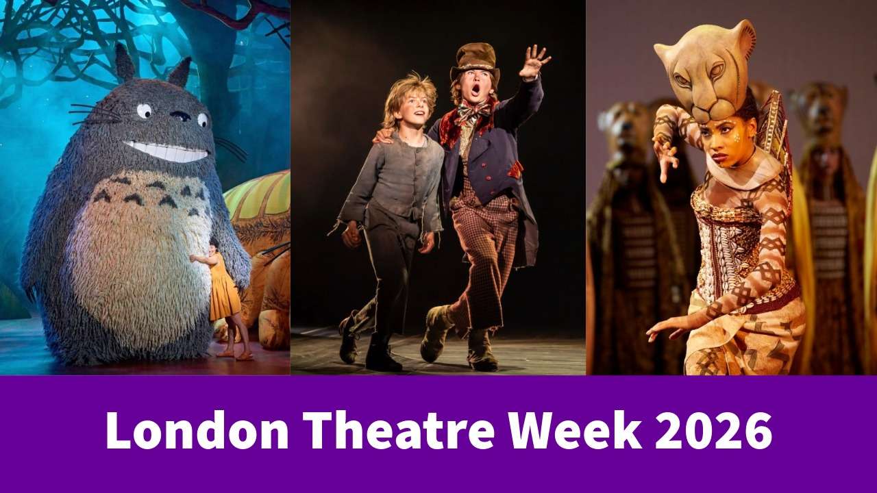 Collage of three theater scenes: a large gray creature with a performer in orange, a middle panel with two actors mid-performance, and a dancer in an ornate costume with a cat mask, over a purple banner that reads London Theatre Week 2026