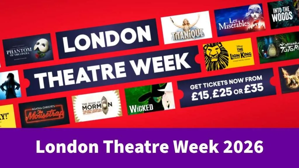 Red collage banner promoting London Theatre Week 2026, featuring multiple theatre posters and bold white 'LONDON THEATRE WEEK' text on a red background.