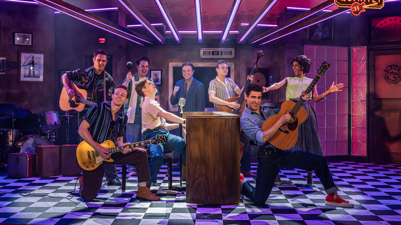 A lively retro band performs on a checkered dance floor under purple neon lights, with guitars, drums, piano, and singers in vintage outfits.