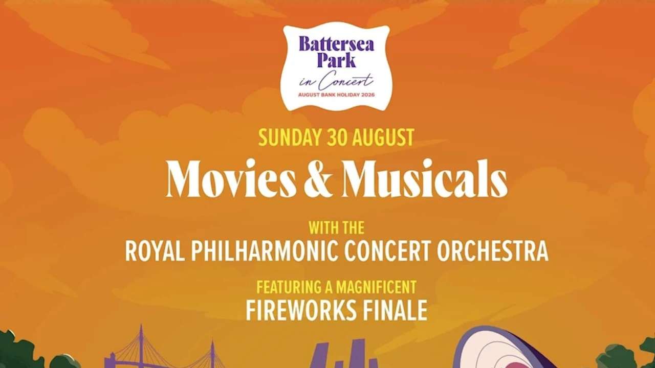 Event poster for Battersea Park in Concert: Movies & Musicals with the Royal Philharmonic Concert Orchestra, Sunday 30 August, fireworks finale.