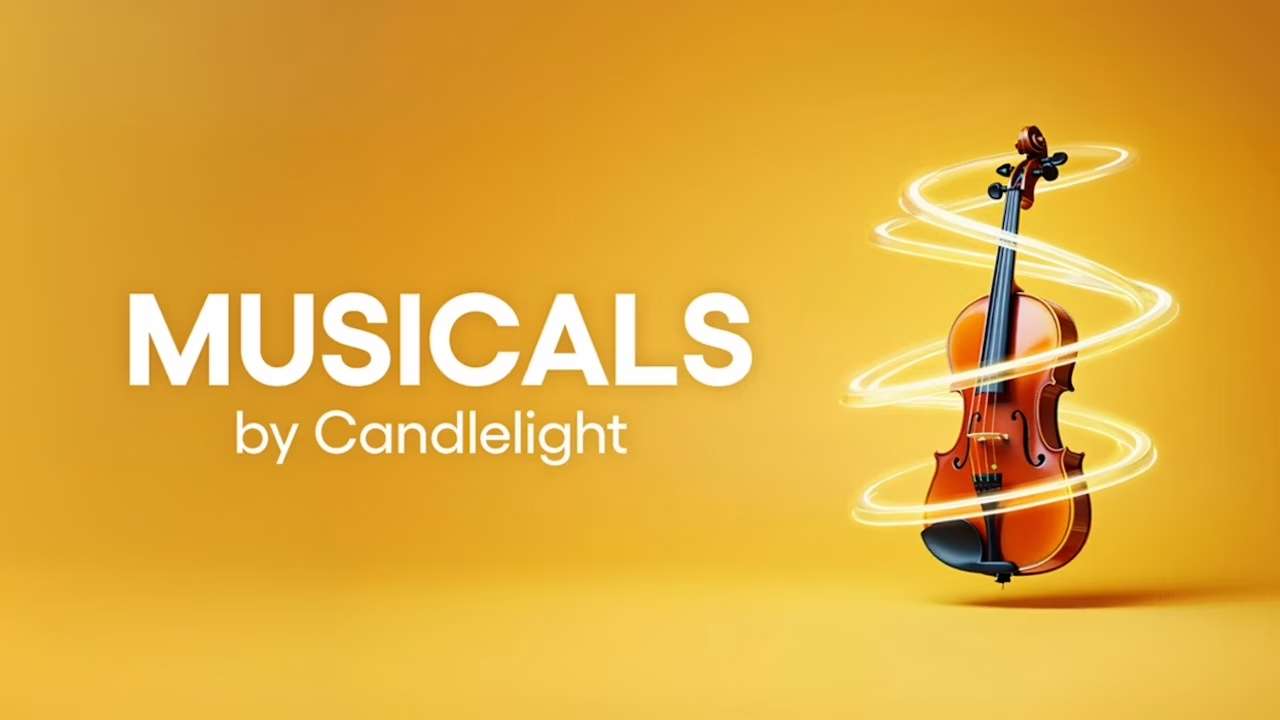 Promotional banner: 'MUSICALS by Candlelight' with a glowing spiral around a violin on an orange background.