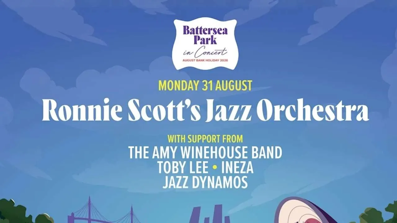 Poster for Battersea Park in Concert featuring Ronnie Scott's Jazz Orchestra, Monday 31 August, with The Amy Winehouse Band and others.