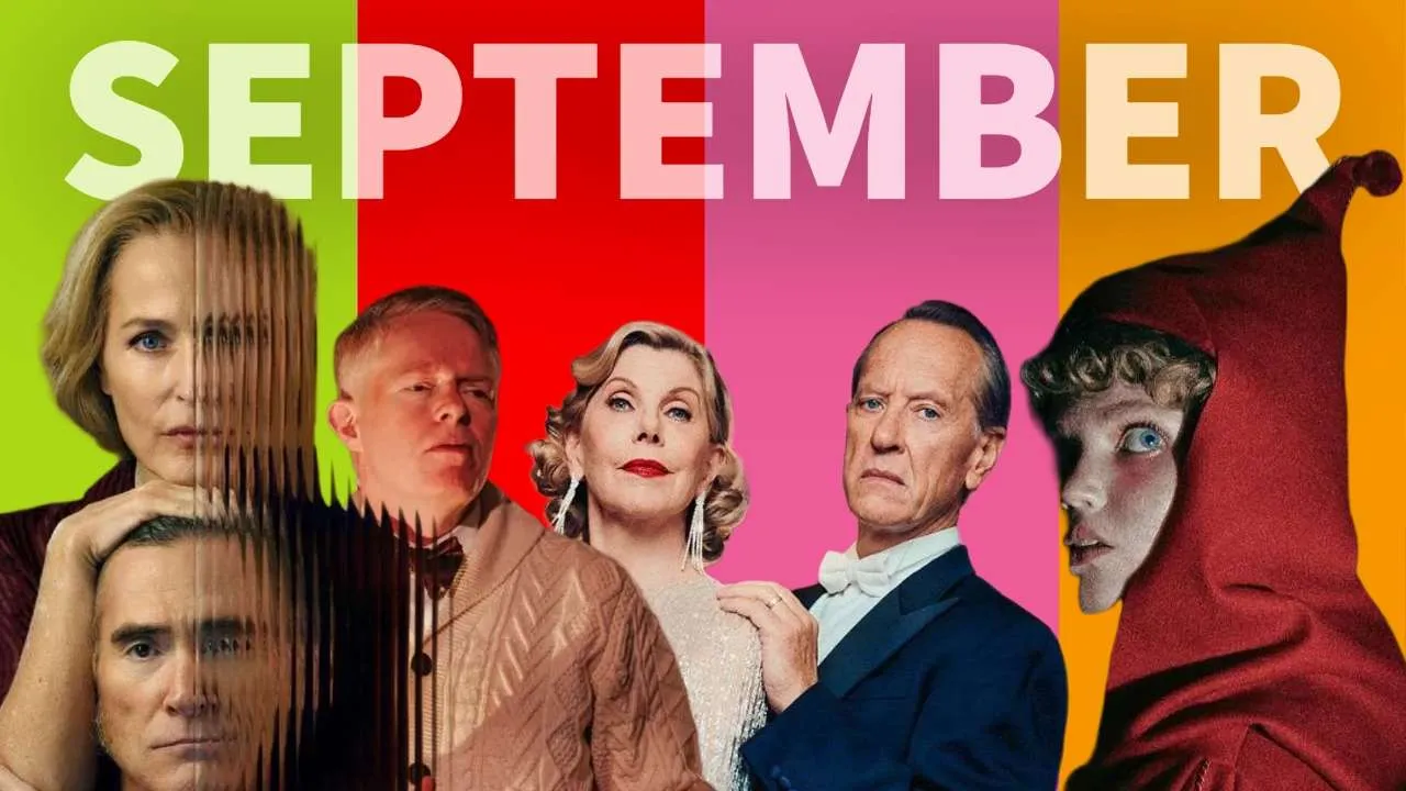 Colorful poster for the film September featuring a group of adults in vintage outfits against bright vertical stripes and the large word SEPTEMBER across the top.