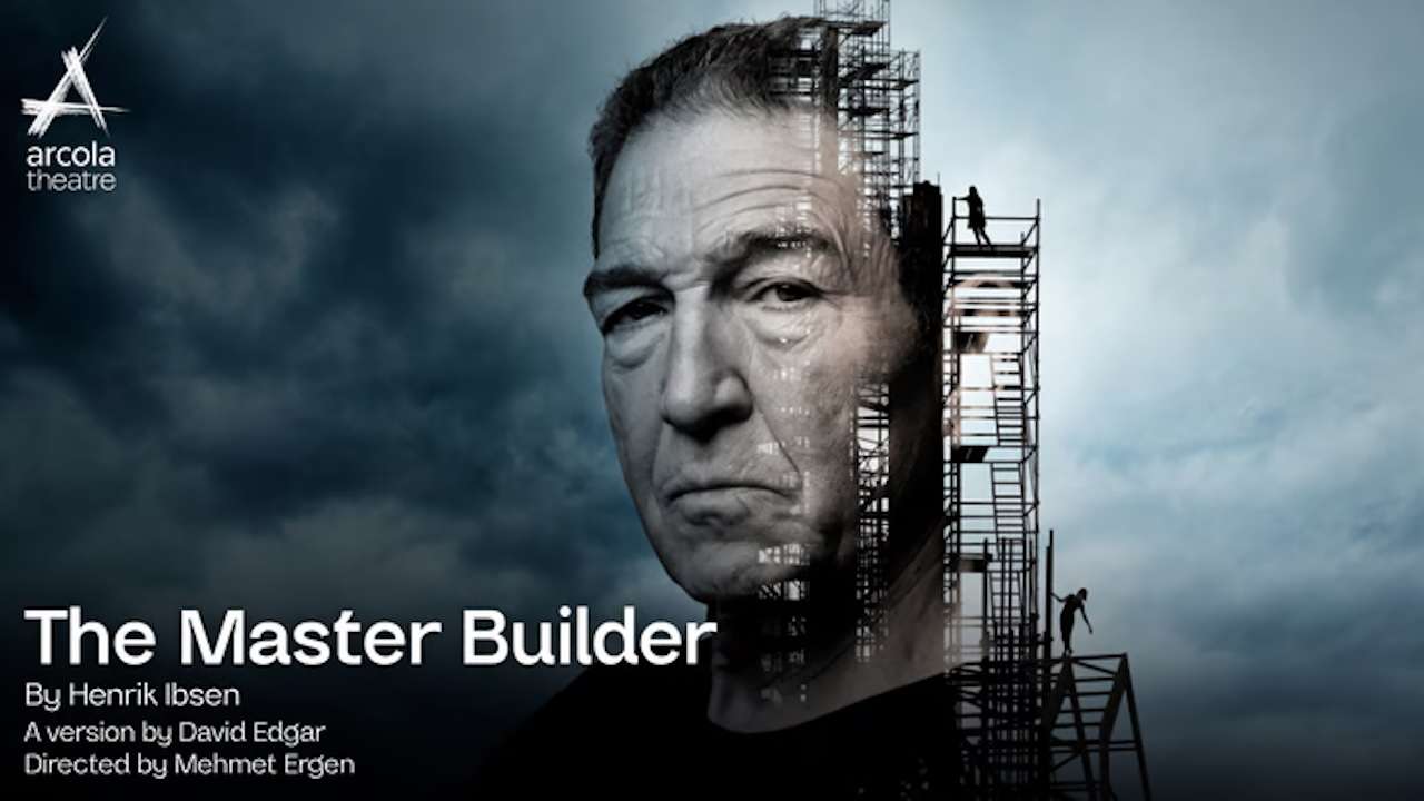 Poster for The Master Builder at Arcola Theatre: a man's face merged with construction scaffolding against a cloudy sky.