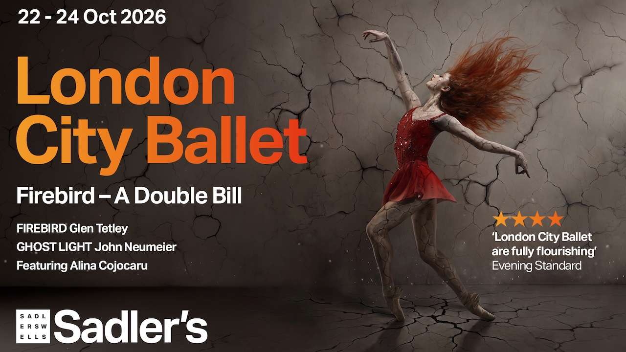 Poster for London City Ballet with a dancer in a red dress on a cracked gray background; dates 22–24 Oct 2026, Firebird – A Double Bill.