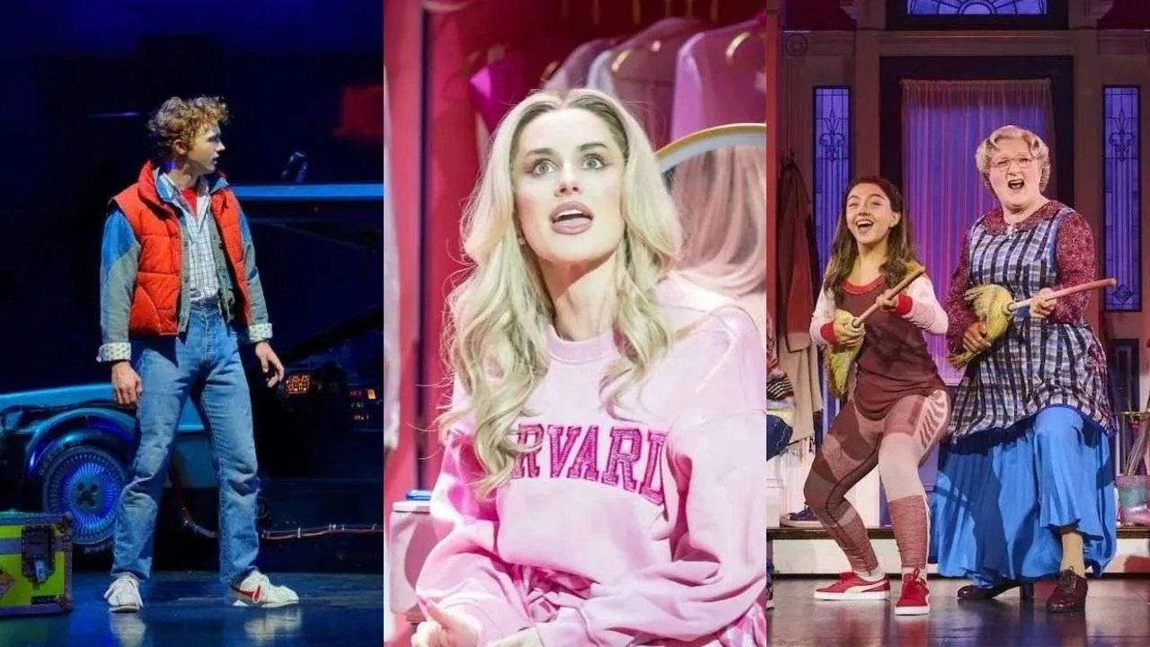 Triptych: left panel shows a man in a red puffer vest and jeans on a stage beside a vintage car, middle panel features a blonde woman in a pink Harvard sweatshirt looking surprised, right panel shows a girl in a maroon apron dancing with an older woman in a blue plaid dress on a theater set.