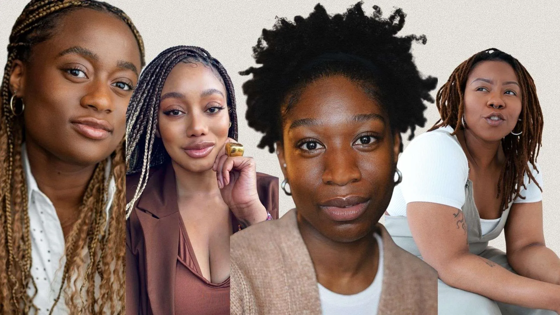 Four diverse women posing together for a group photo, close-up portraits against a light background, looking at the camera.