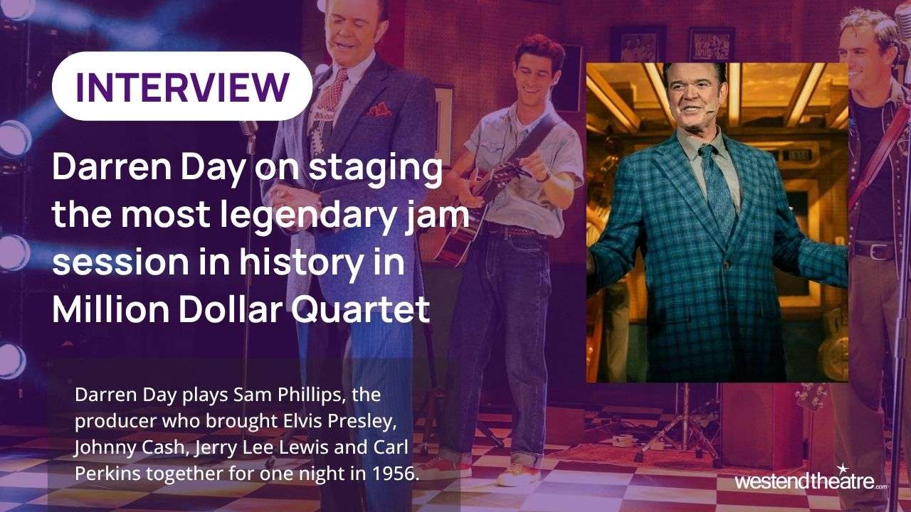 Promotional poster: 'INTERVIEW' with Darren Day in a teal plaid suit and a band on stage, for Million Dollar Quartet at West End theatre.