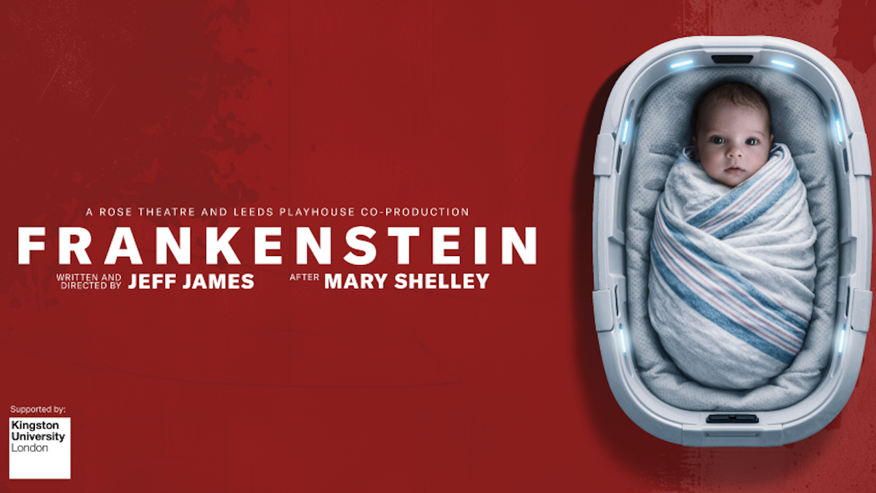 Poster for Frankenstein theatre production: red background, large FRANKENSTEIN text, baby swaddled in a futuristic incubator on the right.