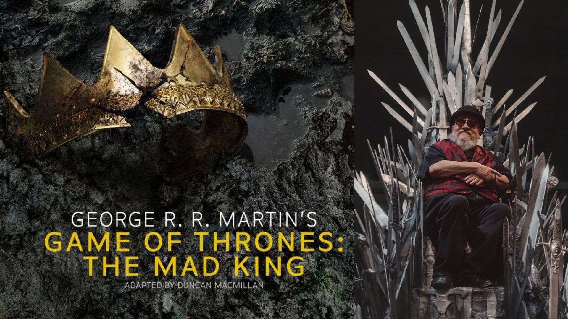 Gold crown rests on dark rocky ground beside a man seated on the spiky Iron Throne; cover for Game of Thrones: The Mad King.
