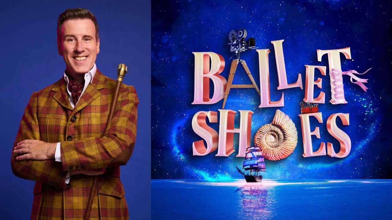 Left: smiling man in a yellow plaid suit holding a baton; blue studio background. Right: spacey poster artwork with pink 'BALLET SHOES' lettering, shell and ship motifs over a starry ocean scene.