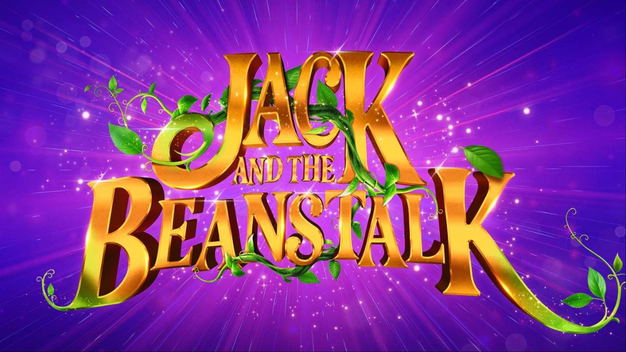 Graphic with purple background with gold wording reading:Jack and the Beanstalk
