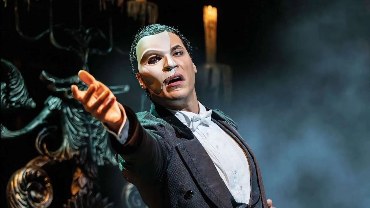 Jordan Donica as the Phantom. Phantom of the Opera 40th Anniversary cast. Photo by Johan Persson