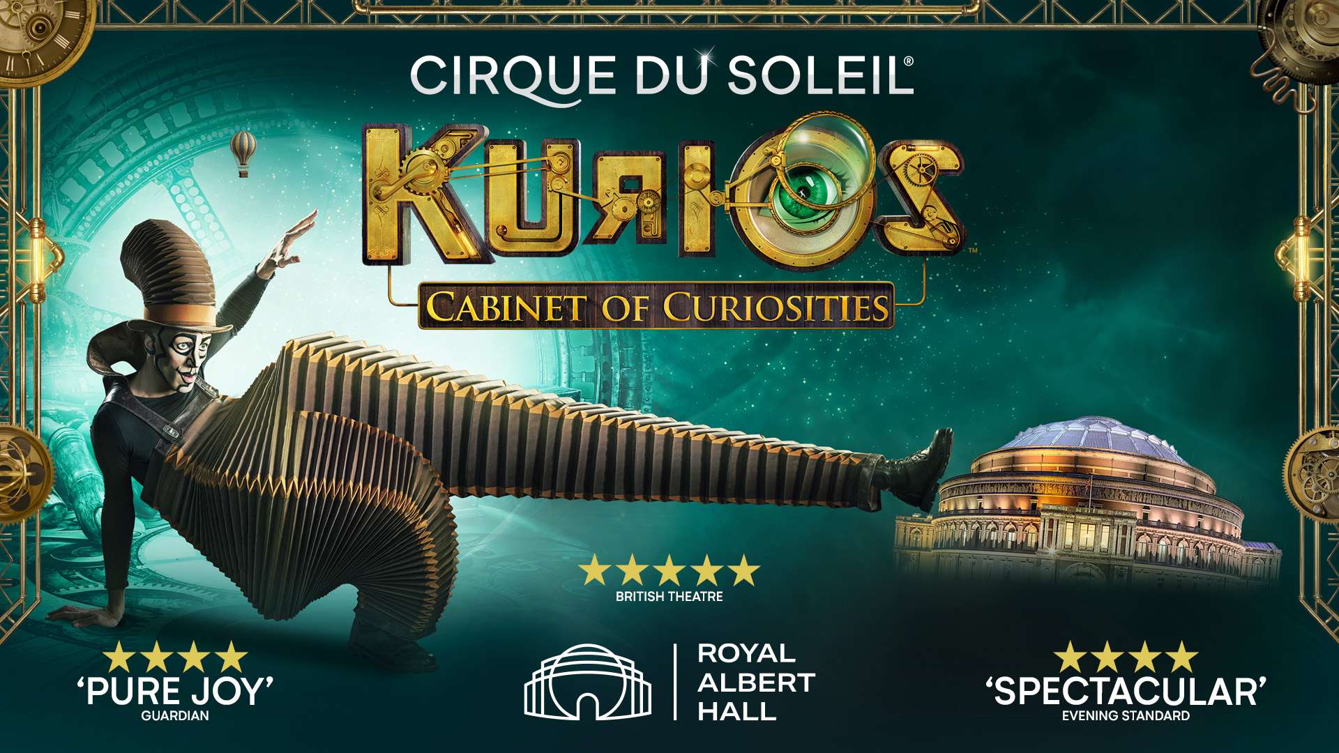Poster for Cirque du Soleil's Kurios: Cabinet of Curiosities featuring a performer in a large accordion costume leaping across a teal, gear-filled backdrop.
