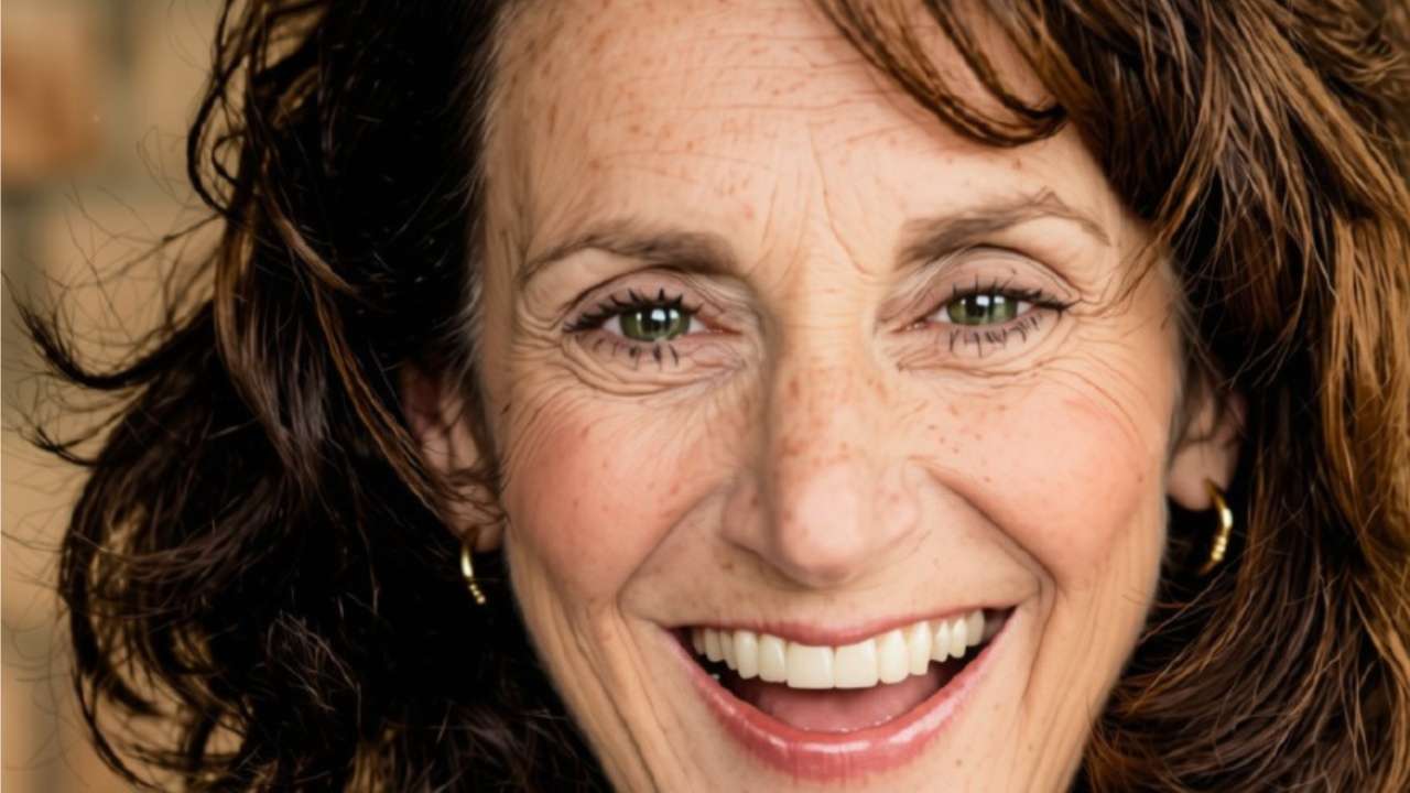 Close-up of a smiling woman with freckles and brown hair, wearing a dark pinstriped top.