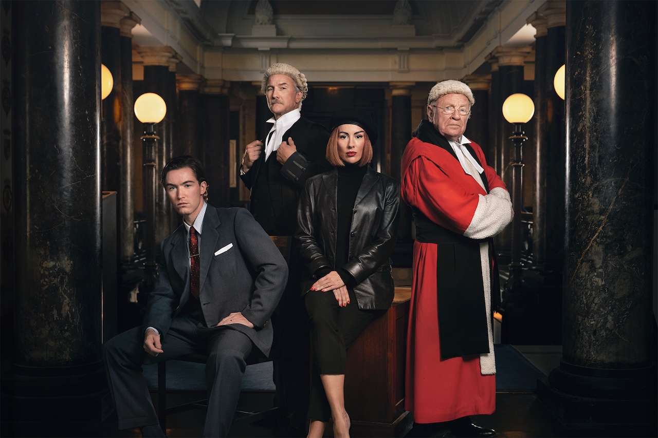 Four new cast members for Witness for the Prosecution in court hallway