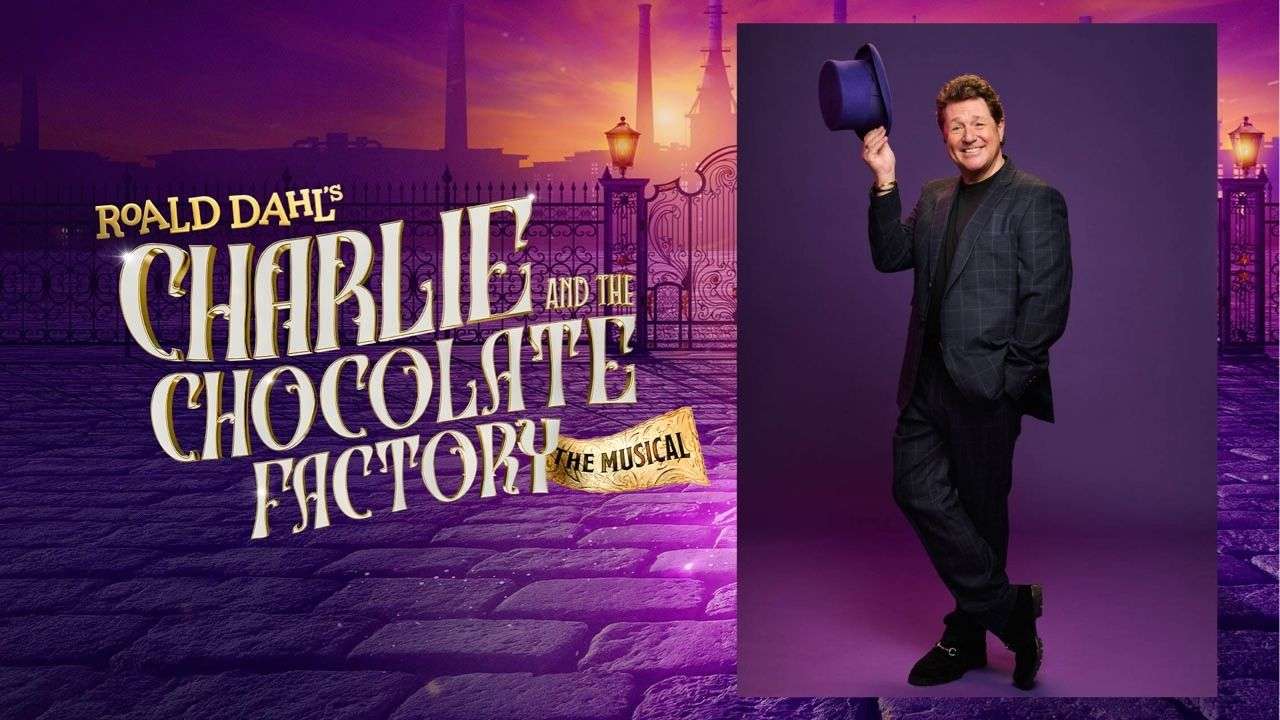 Poster for Roald Dahl's Charlie and the Chocolate Factory musical; show title in ornate gold lettering on left, man in purple backdrop holding hat on right.