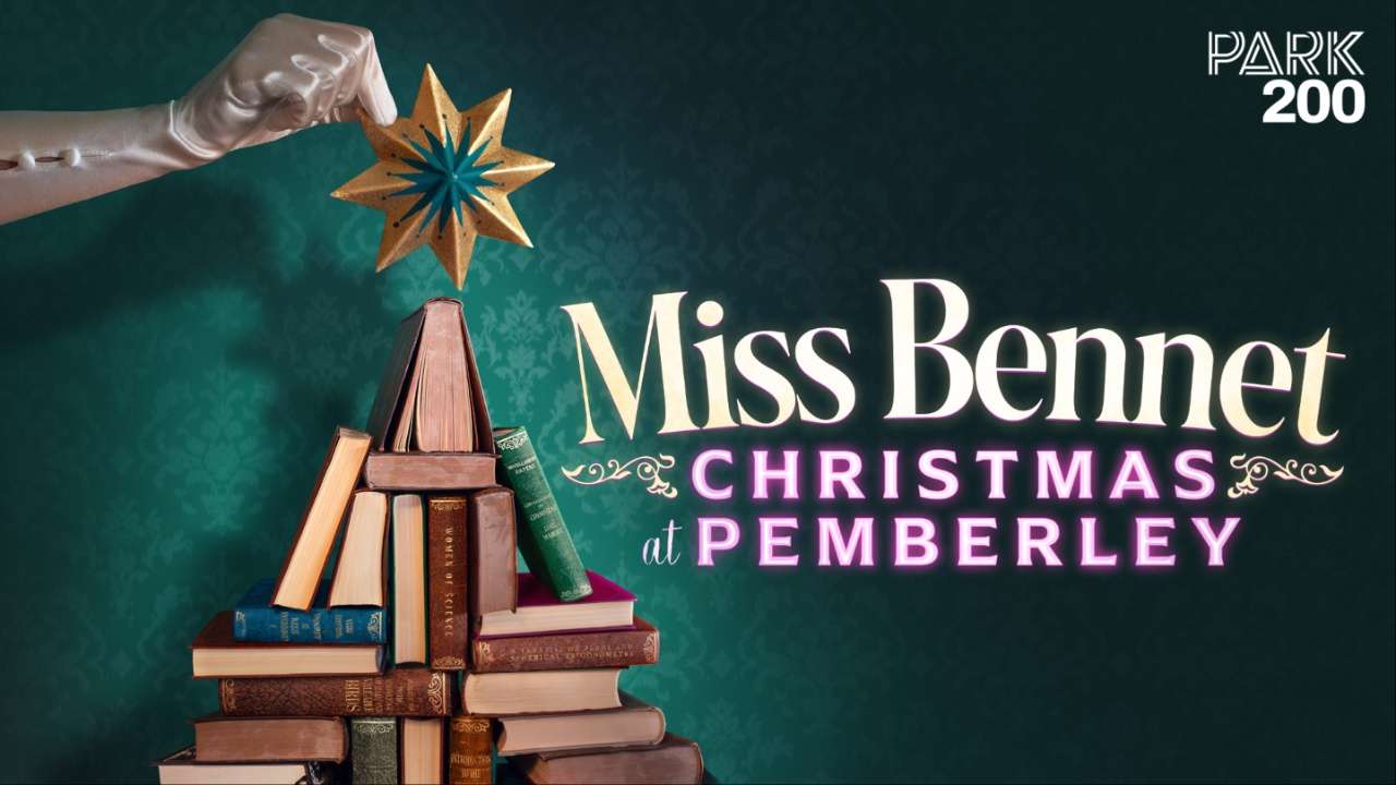 Poster for Miss Bennet: Christmas at Pemberley, with a green background and Christmas tree made of books.