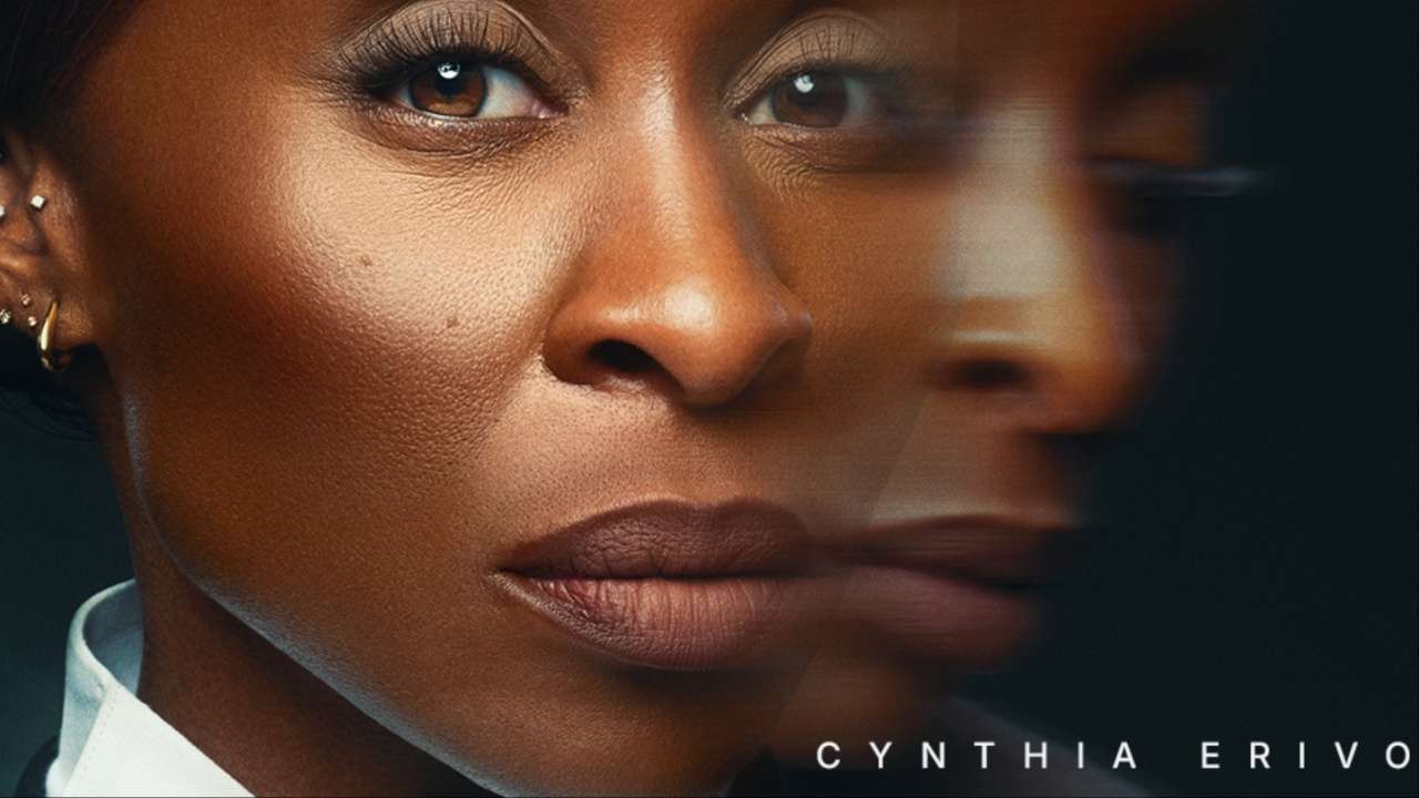 Portrait style poster of Cynthia Erivo for Prima Facie, showing a close-up of her face with a blurred duplicate image on the right and the title Prima Facie visible with the tagline