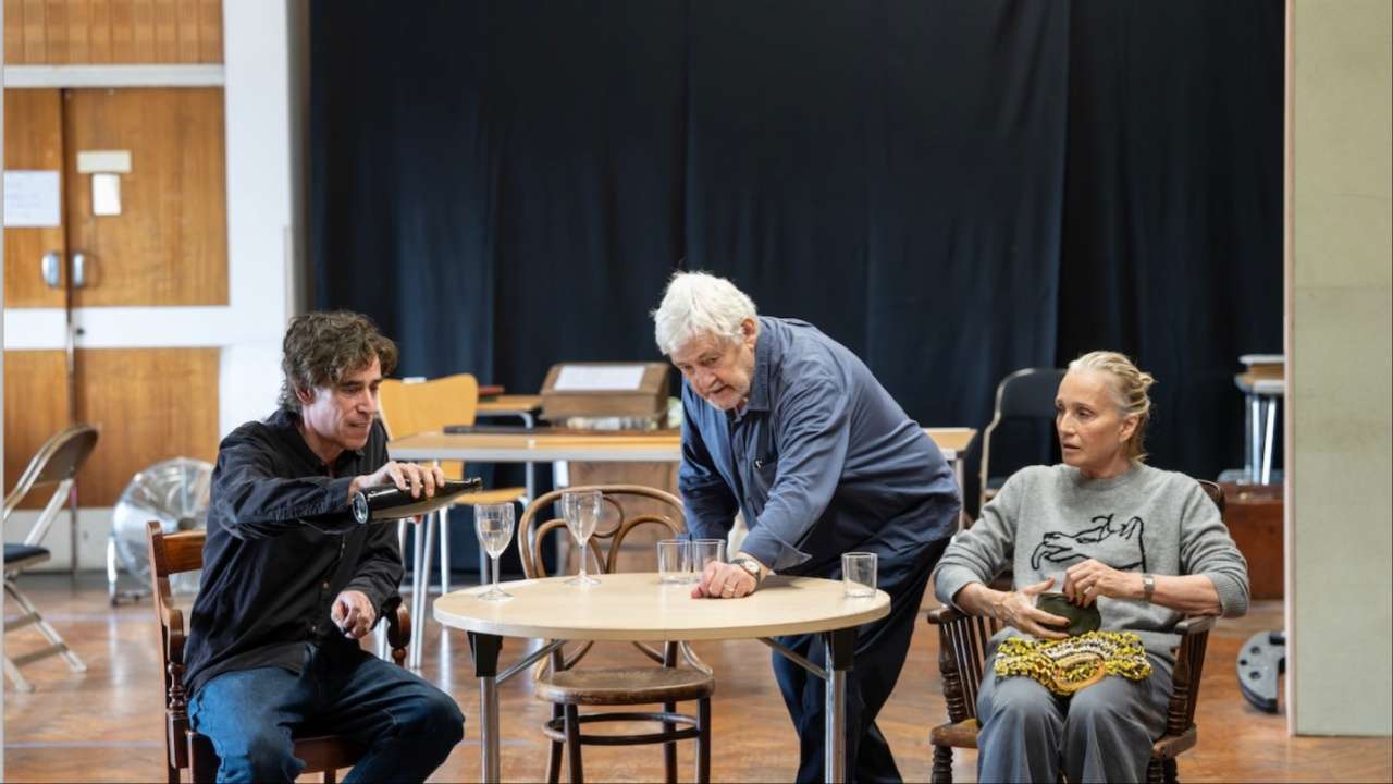 Stephen Mangan, Peter Wight and Kristin Scott Thomas in The Cherry Orchard rehearsals.