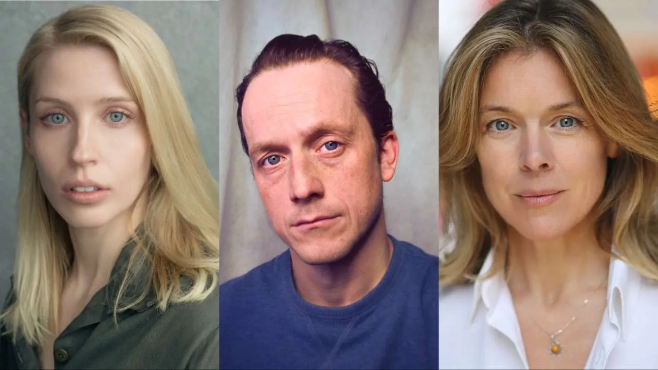 Headshot portraits of three cast members for Speculations: a young blonde woman, a man with slicked-back dark hair, and an older blonde woman in a white shirt