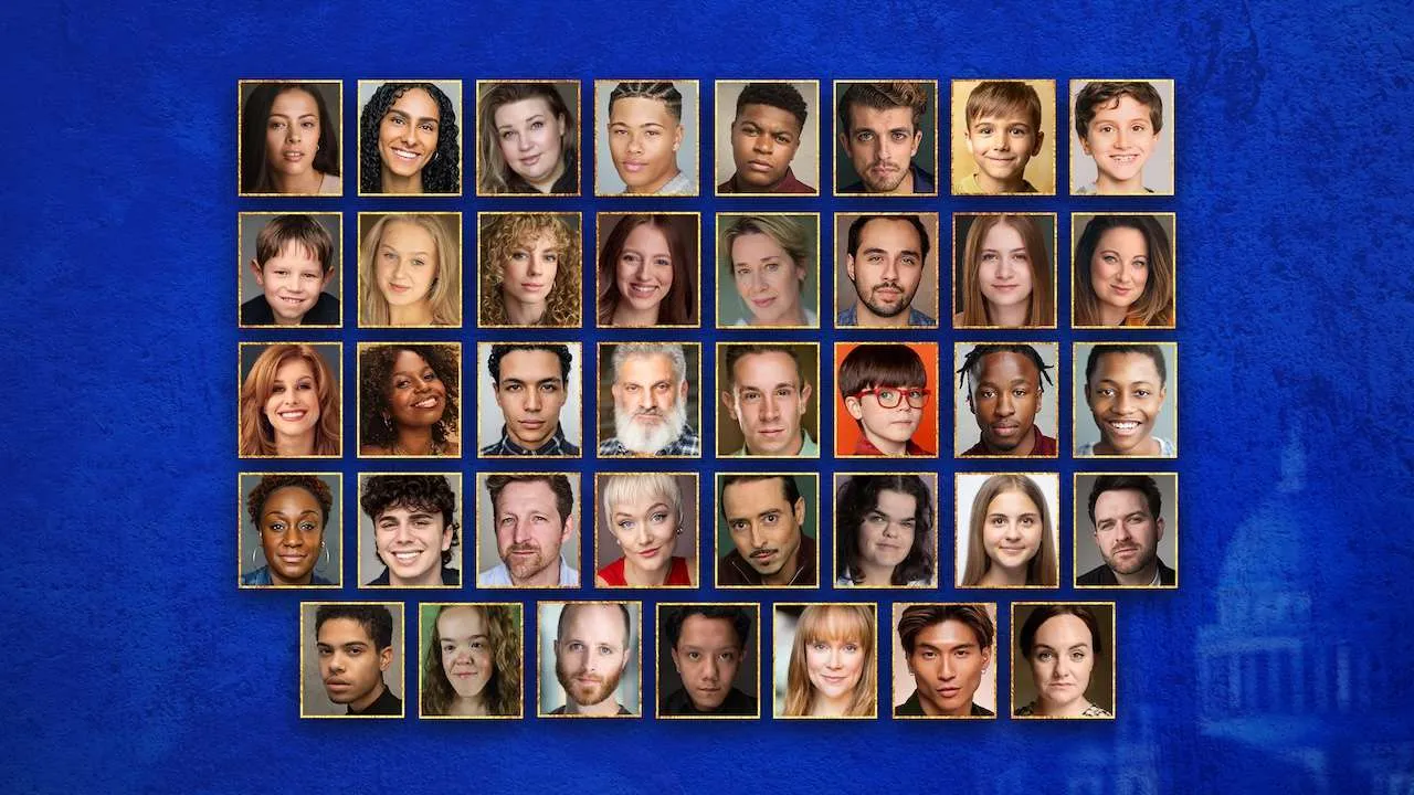 Collage of diverse smiling headshots arranged in a grid with gold frames on a blue background.