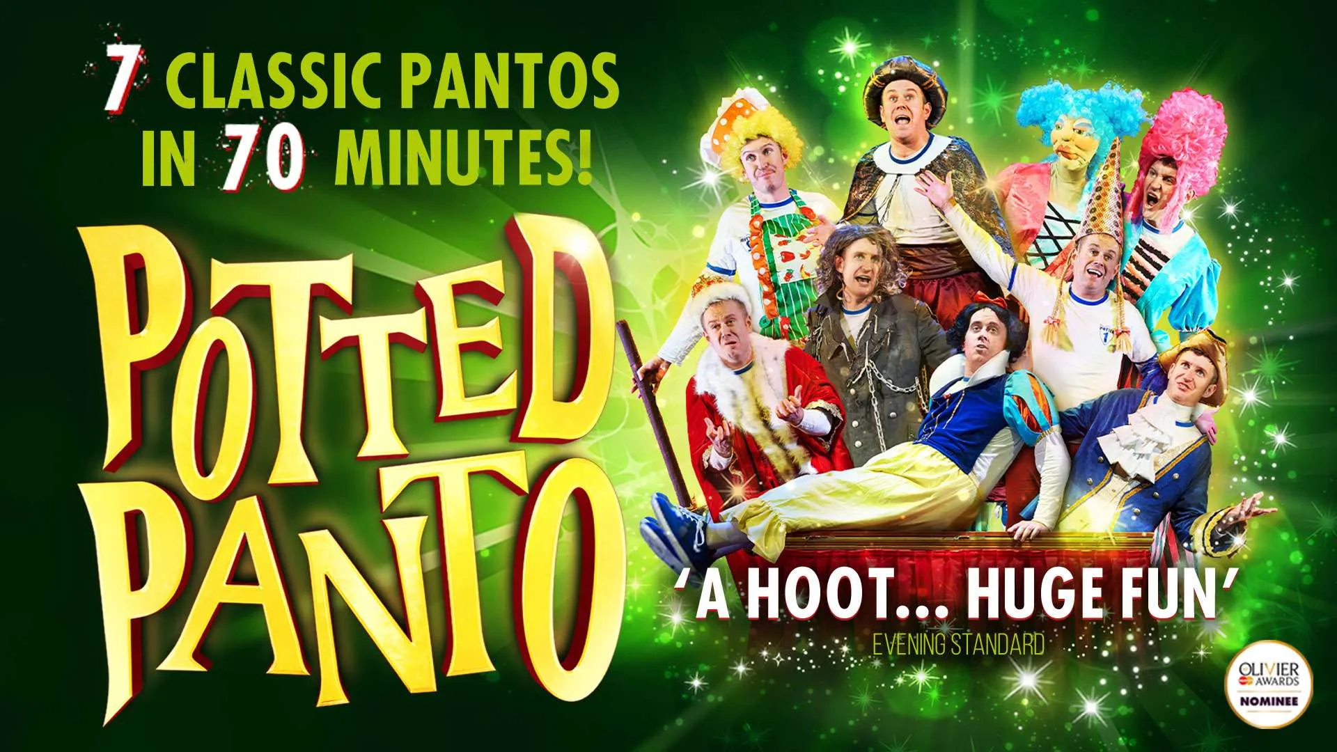 Poster advertising a pantomime show with a bright green background and a group of costumed performers in colorful outfits, promoting '7 Classic Pantos in 70 Minutes'.