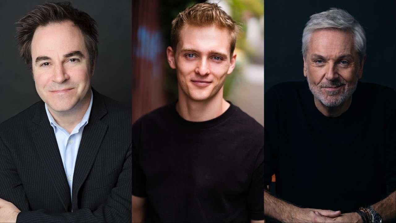Headshots of Roger Bart, Axel Duffy and Brian Conley in a row