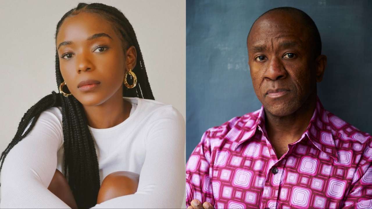 Side-by-side portraits of a young woman with braided hair and hoop earrings in a white top, and Lucian Msamati in a pink patterned shirt against a dark teal backdrop