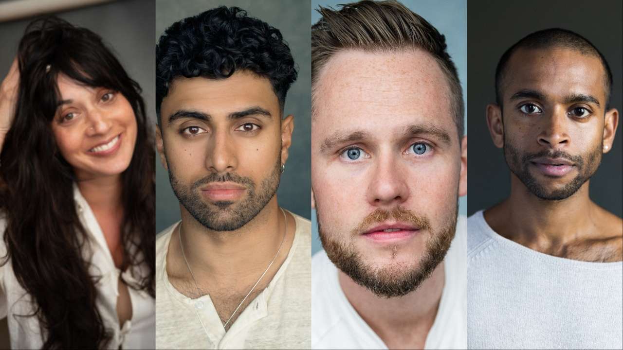 Headshots of four actors: in a row From left to right- Parkey Abeyratne, Azan Ahmed, Sebastian Charles and Hiran Abeysekera
