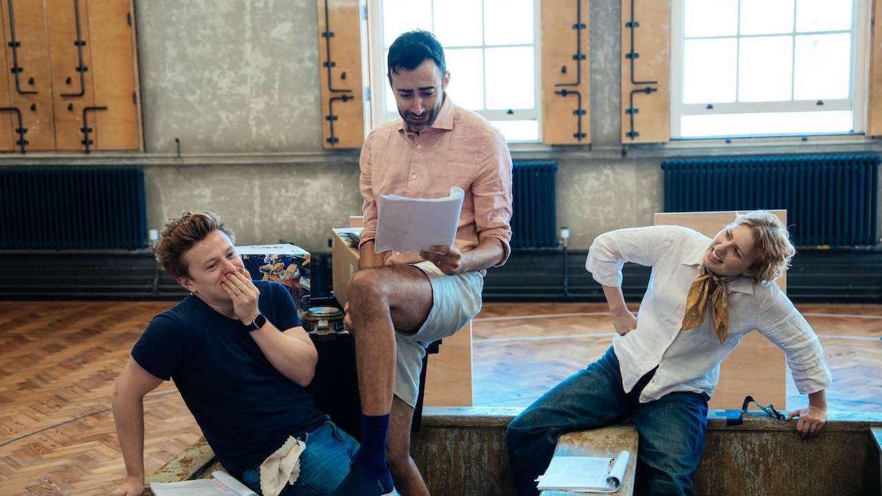 Three Men in A Boat at Rose Theatre. Jonny Weldon, Richard David-Caine and Bronté Barbé in rehearsals. Photo by Helen Murray