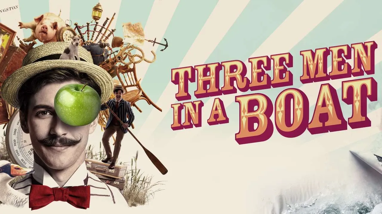 Poster for 'Three Men in a Boat' showing a man with a straw hat, red bow tie, and a large green apple over his eye amid a collage of quirky props.