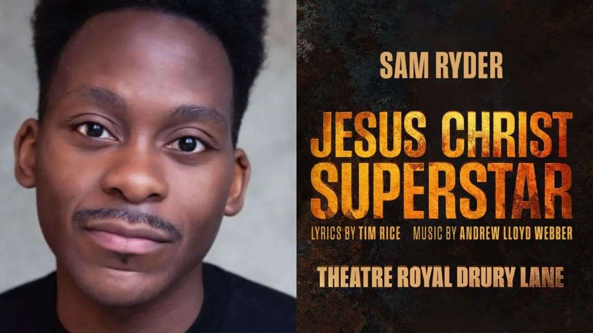 Portrait of a young man on the left, beside a bold orange-text poster for Jesus Christ Superstar on the right.