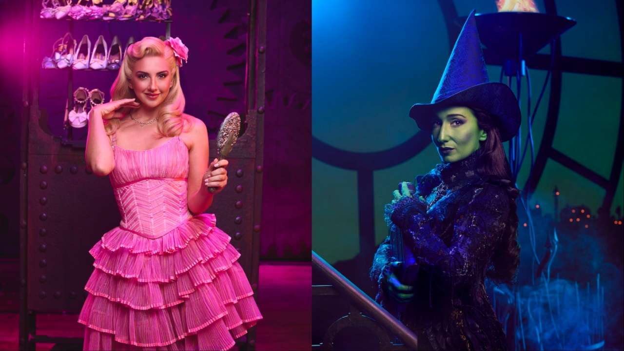 Split scene: left shows a woman in a pink vintage-style tiered dress posing with a mirror; right shows a woman in a witch costume with a hat under blue lighting and smoky backdrop.