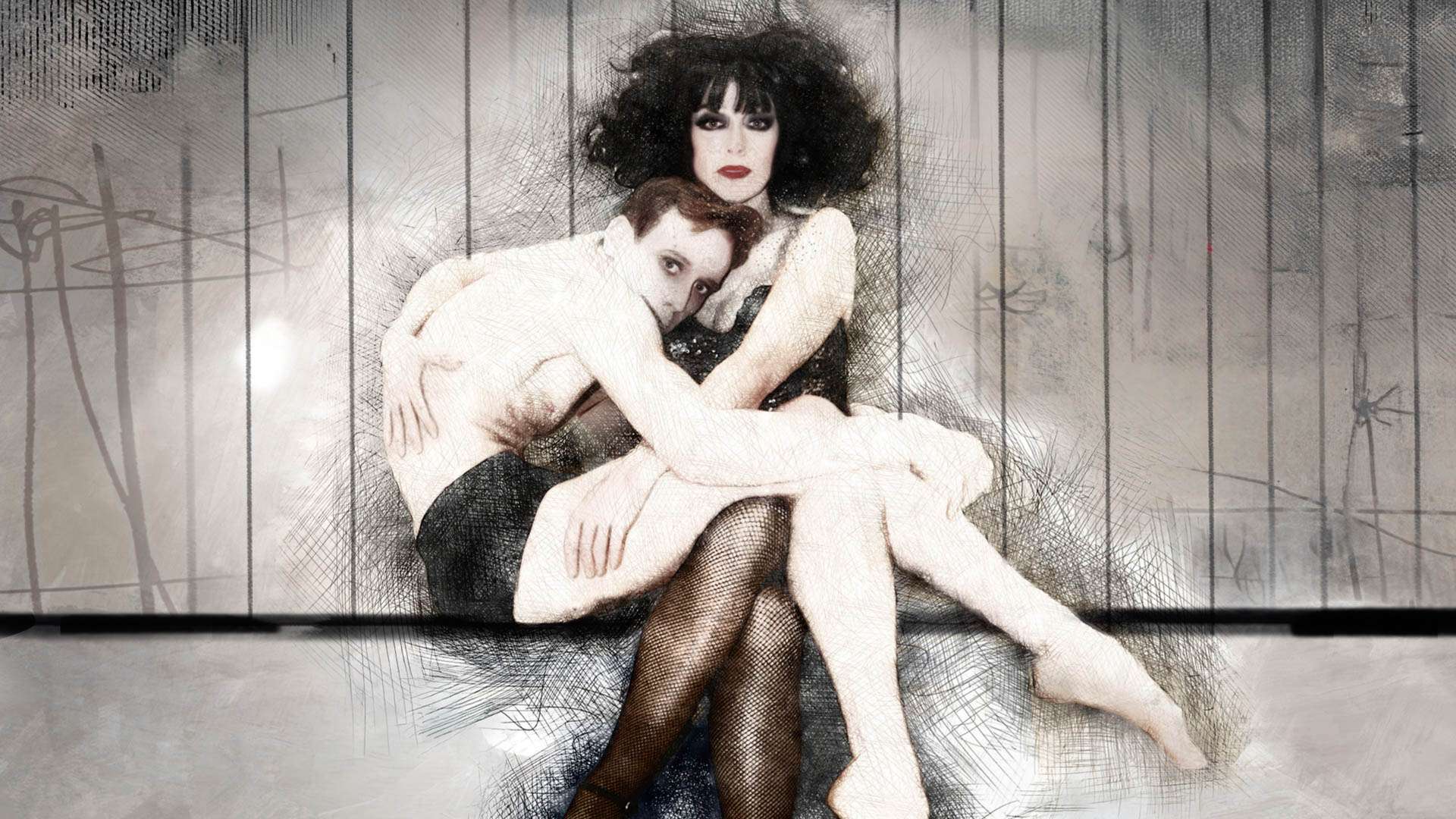 A seated woman with dark hair and bold makeup holds a shirtless man who hugs her, both wearing fishnet stockings, in an artistic sketchy style.