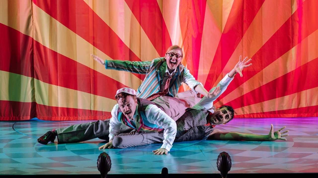 Jonny Weldon (Jerome), Bronté Barbé (Harris) & Richard David-Caine (George) in Three Men in a Boat at Rose Theatre. Photo by Helen Murray