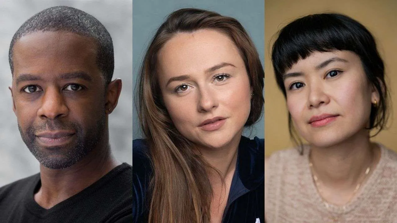 Three close-up headshots in a vertical triptych: a Black man with short-cropped hair on the left, a fair-skinned woman with long brown hair in the center, and an East Asian woman with short black hair on the right.