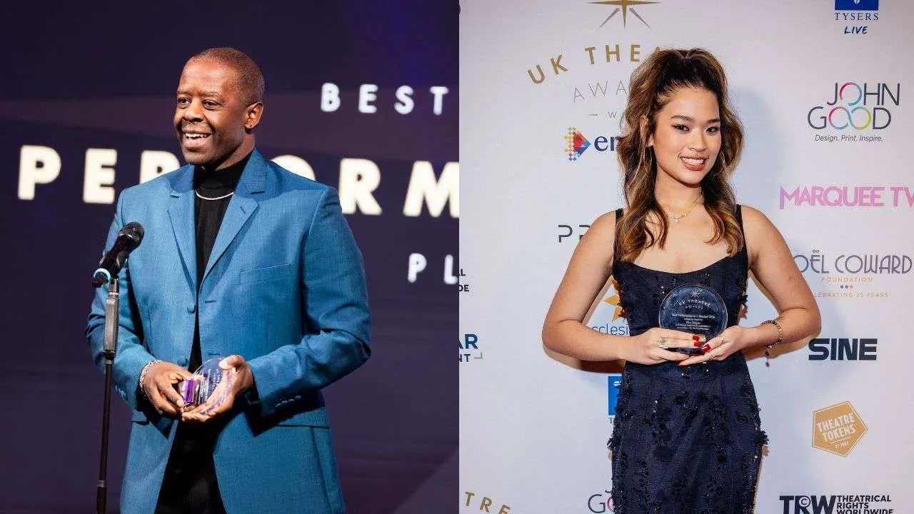 Two award winners at the UK Theatre Awards ceremony: a man in a blue blazer speaking at a microphone on the left, and a woman in a black sequined dress holding a crystal award on the right.