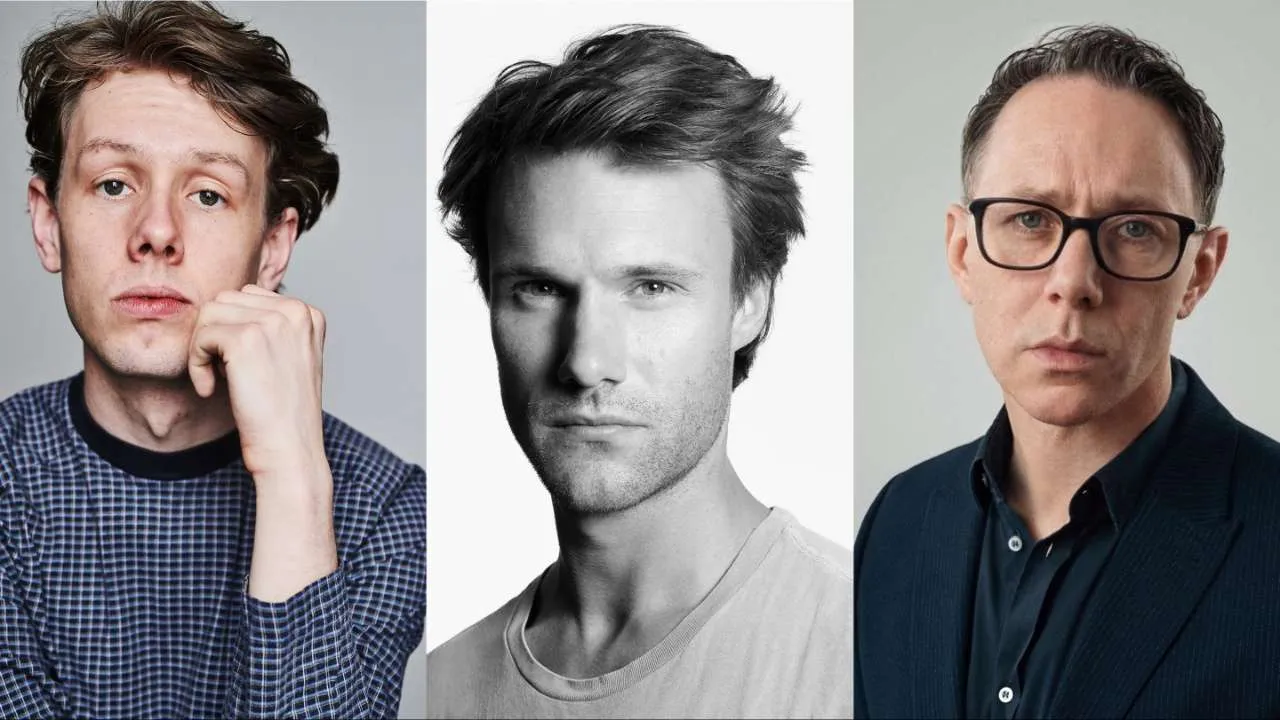 Three men in headshots: left with hand on chin in a plaid shirt, center in grayscale close-up, right wearing glasses and a dark suit.