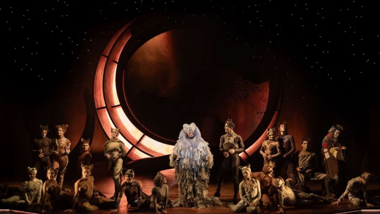 A scene from CATS featuring multiple performers in cat makeup and costumes arranged around a central figure in white fur costume, with an elaborate red and orange illuminated set piece against a starry black background.